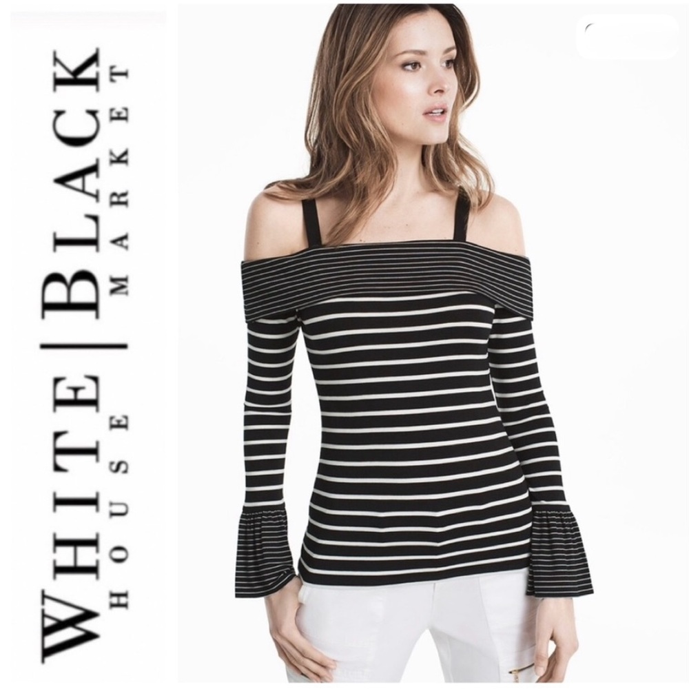 NWT White House Black Market Black and White Striped Off-Shoulder Top Size M